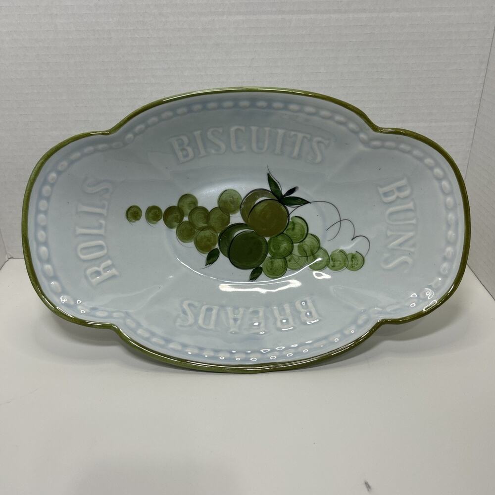 Vtg 1962 Los Angeles Potteries Bread Bowl 51 Avocado Green Trim Pale Blue